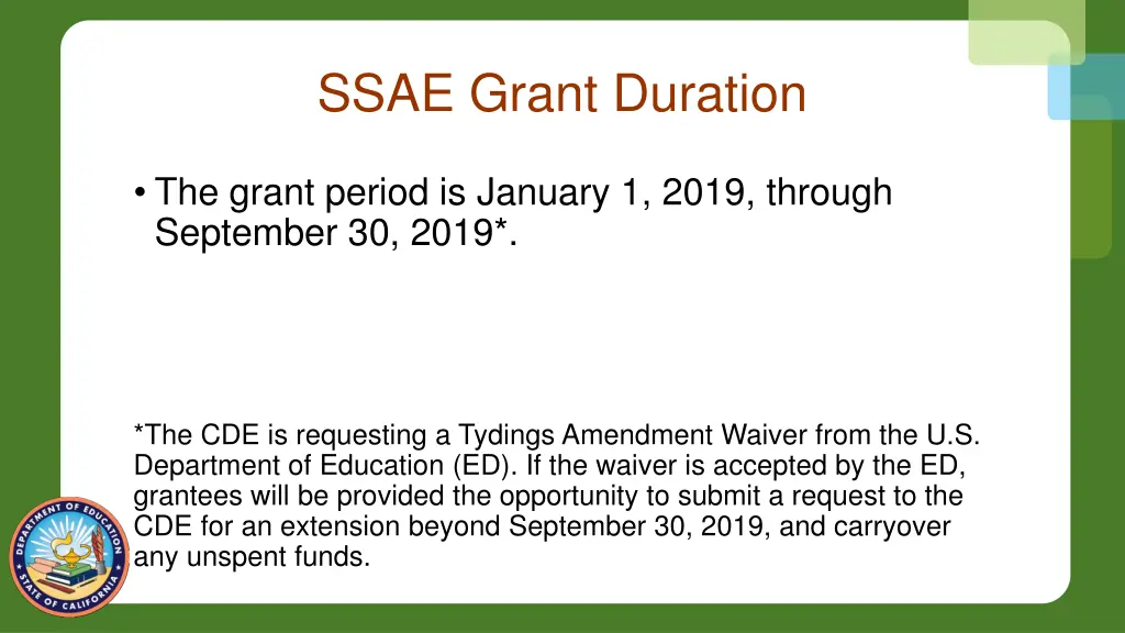 ssae grant duration