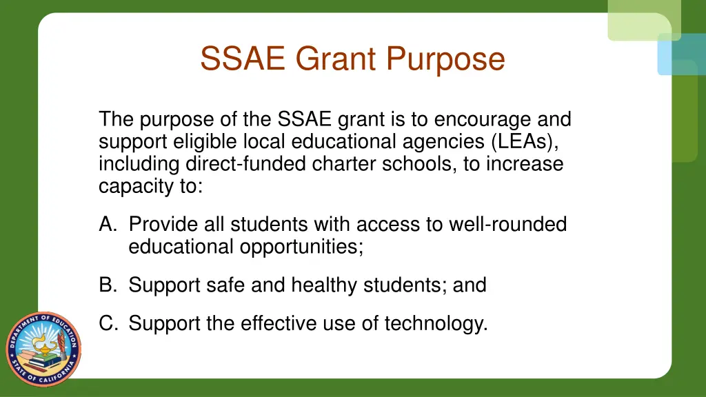 ssae grant purpose