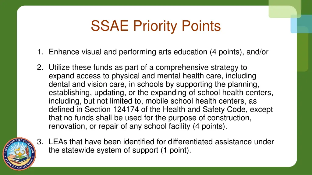 ssae priority points