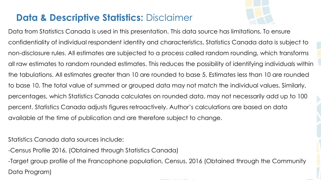 data descriptive statistics disclaimer