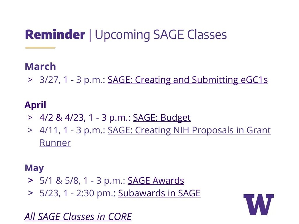 reminder upcoming sage classes