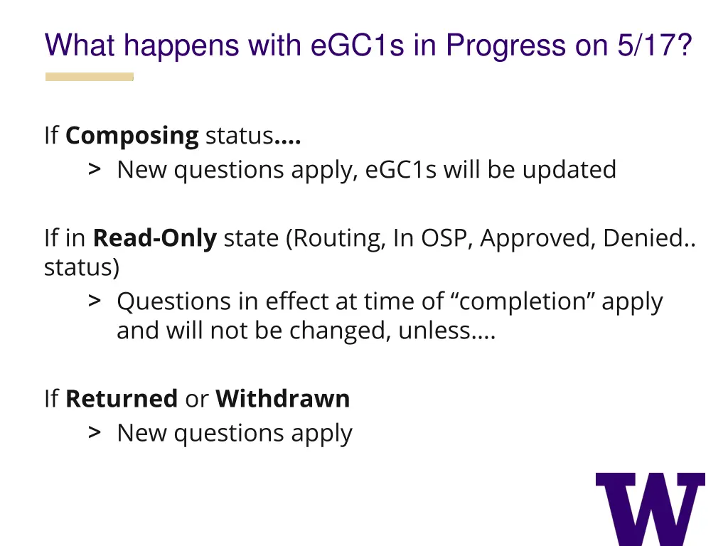 what happens with egc1s in progress on 5 17