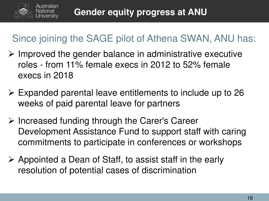 gender equity progress at anu