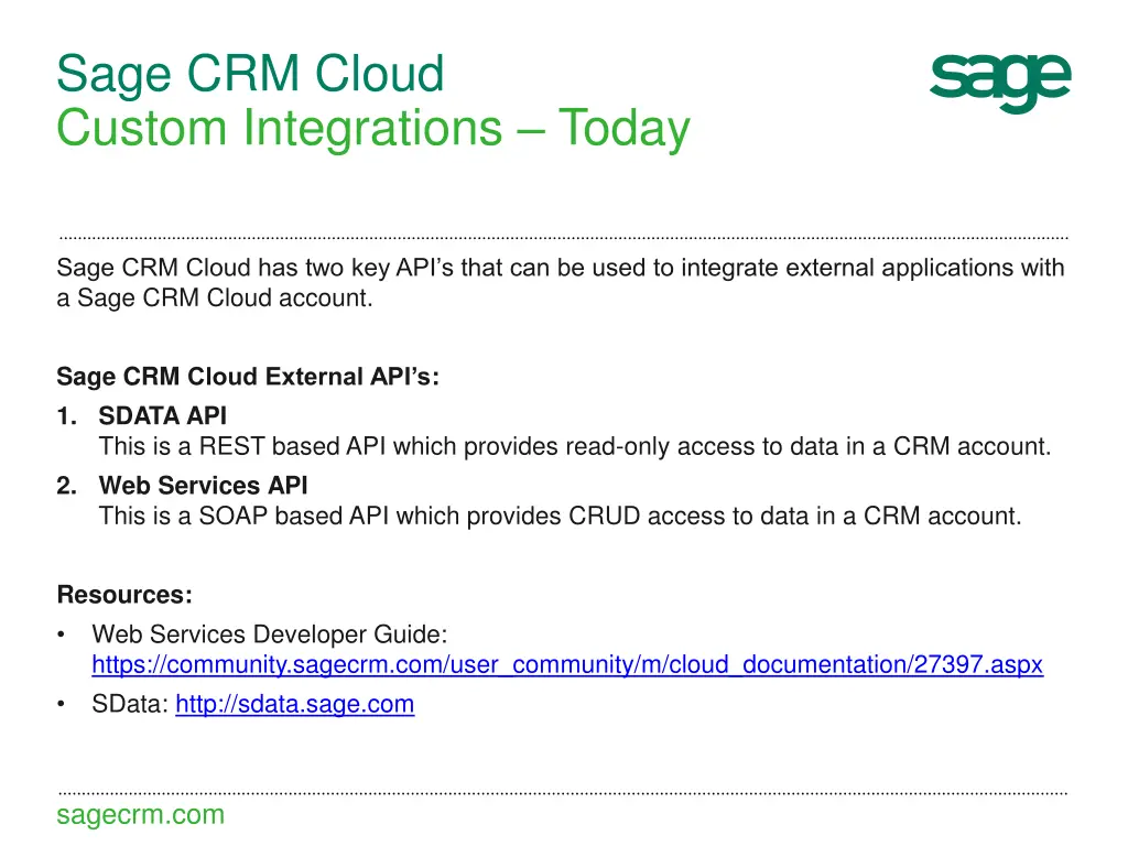 sage crm cloud custom integrations today