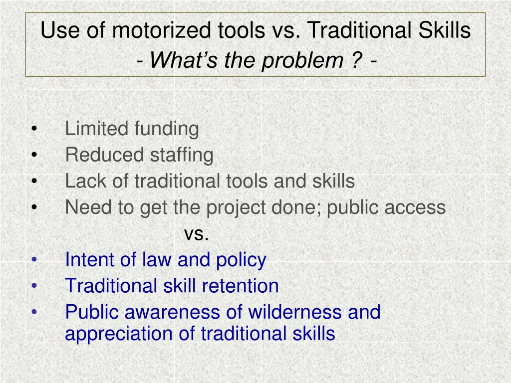 use of motorized tools vs traditional skills what 1