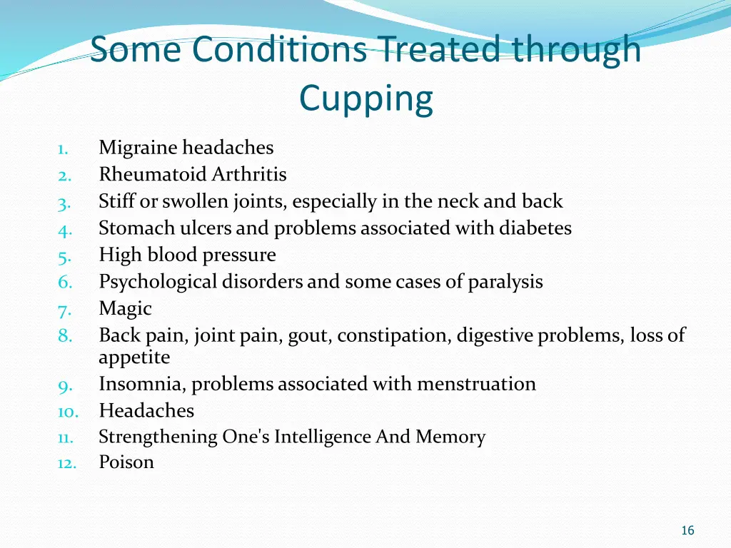 some conditions treated through cupping