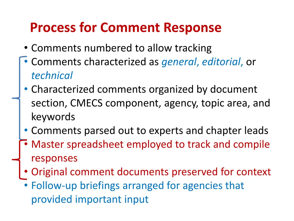 process for comment response comments numbered