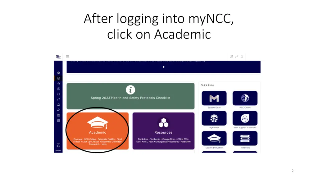 after logging into myncc click on academic