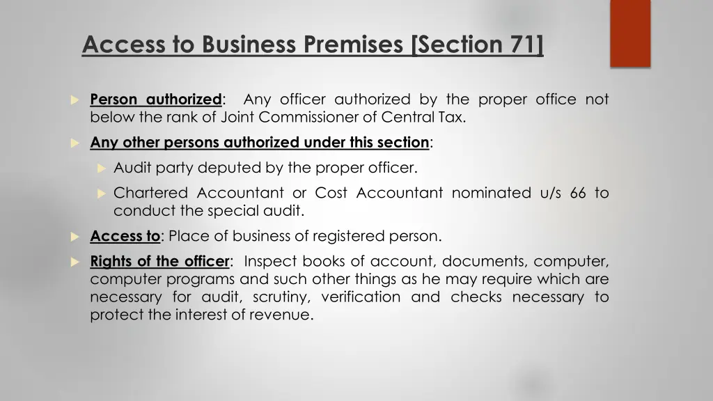 access to business premises section 71