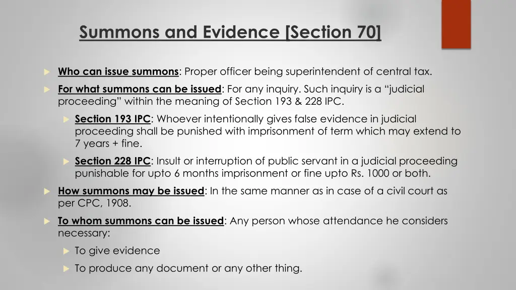 summons and evidence section 70