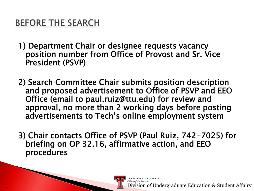 1 department chair or designee requests vacancy