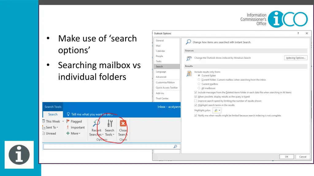 make use of search options searching mailbox