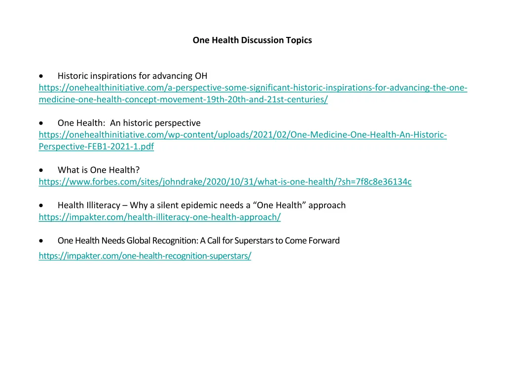 one health discussion topics