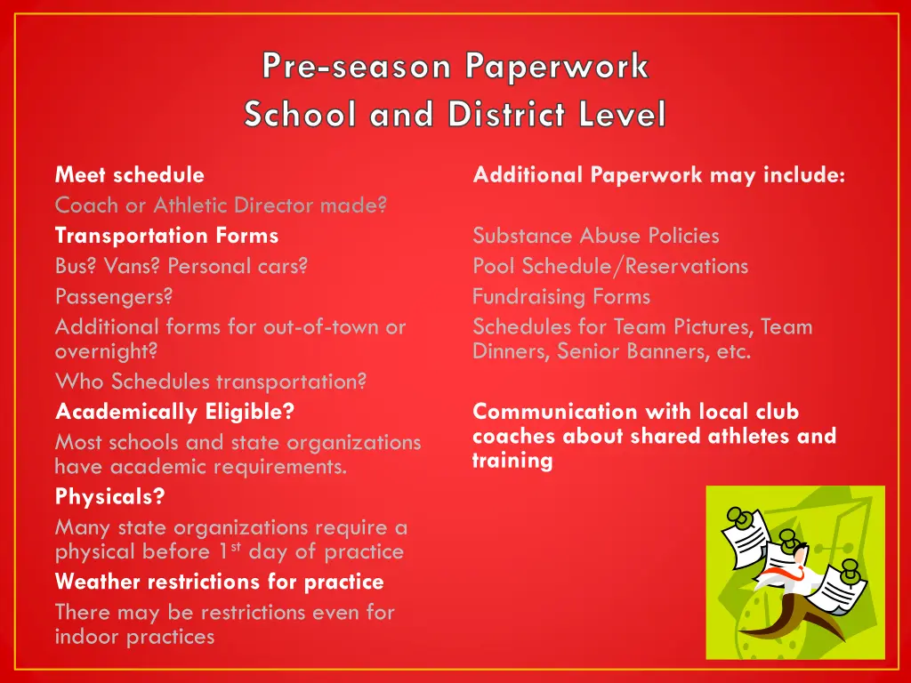 pre season paperwork school and district level