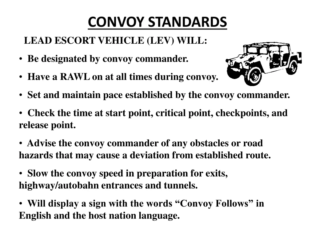 convoy standards lead escort vehicle lev will