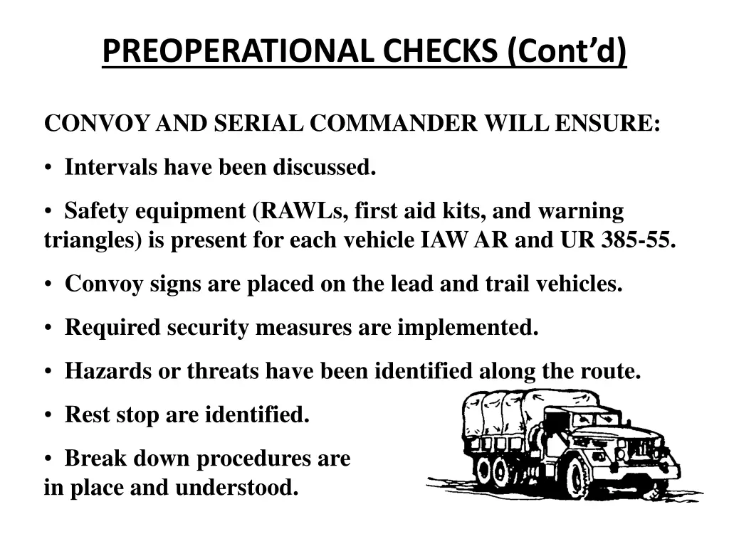 preoperational checks cont d