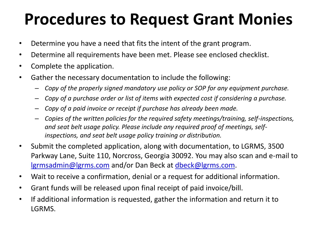 procedures to request grant monies