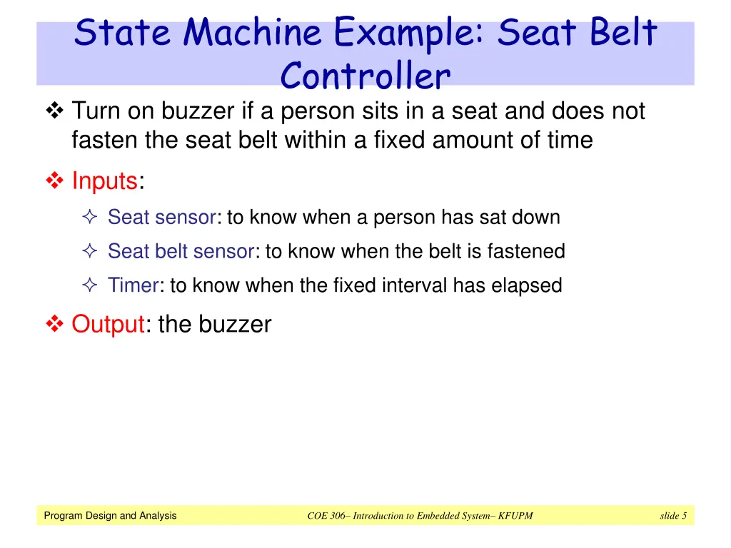 state machine example seat belt controller turn