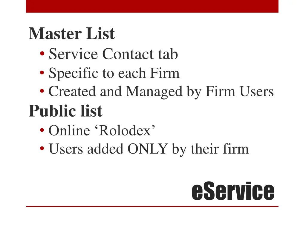 master list service contact tab specific to each