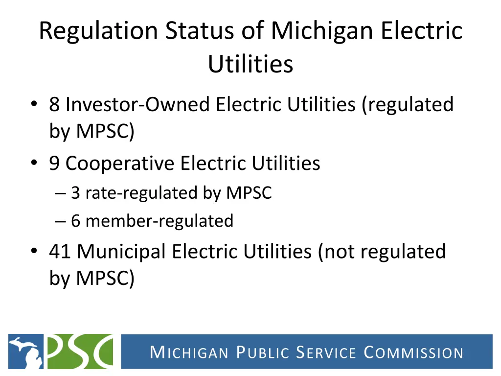 regulation status of michigan electric utilities