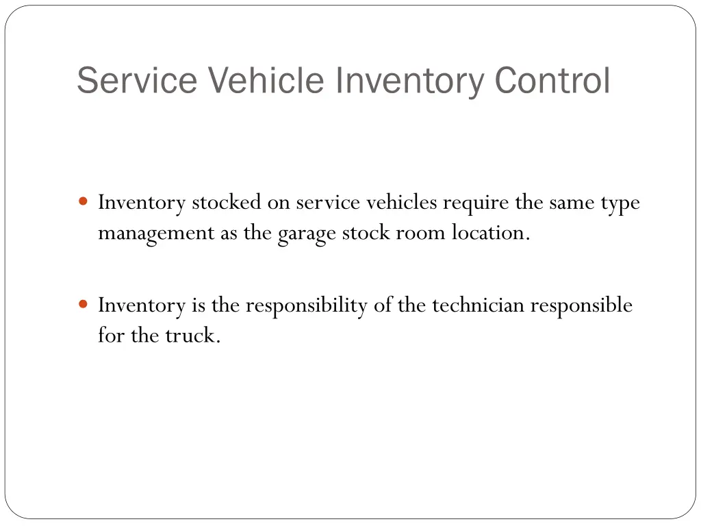 service vehicle inventory control