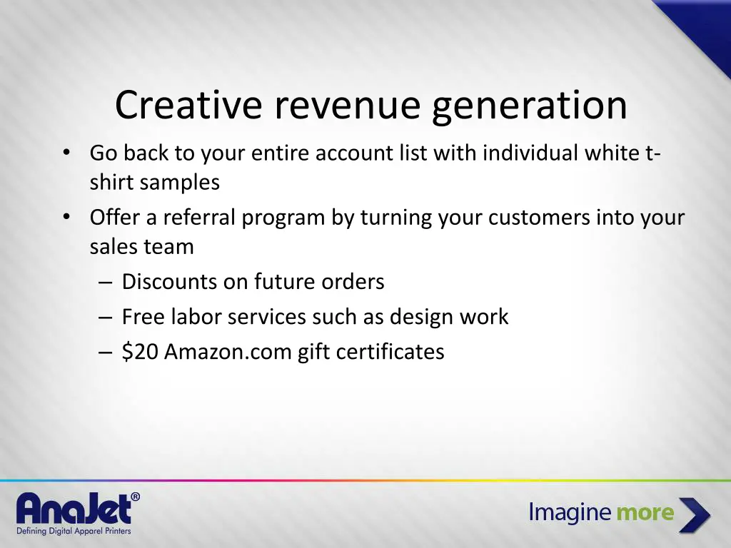 creative revenue generation go back to your