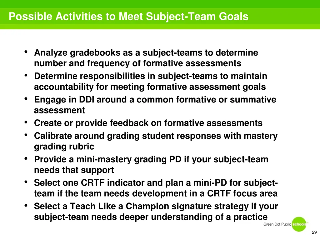 possible activities to meet subject team goals