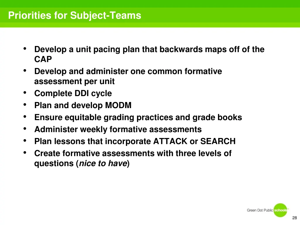 priorities for subject teams