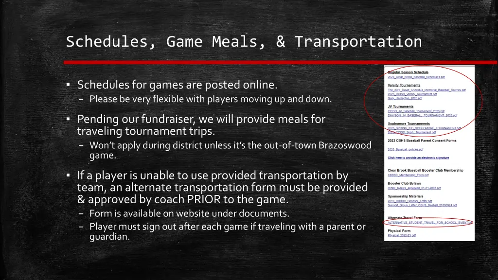 schedules game meals transportation