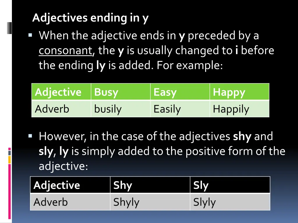 adjectives ending in y when the adjective ends