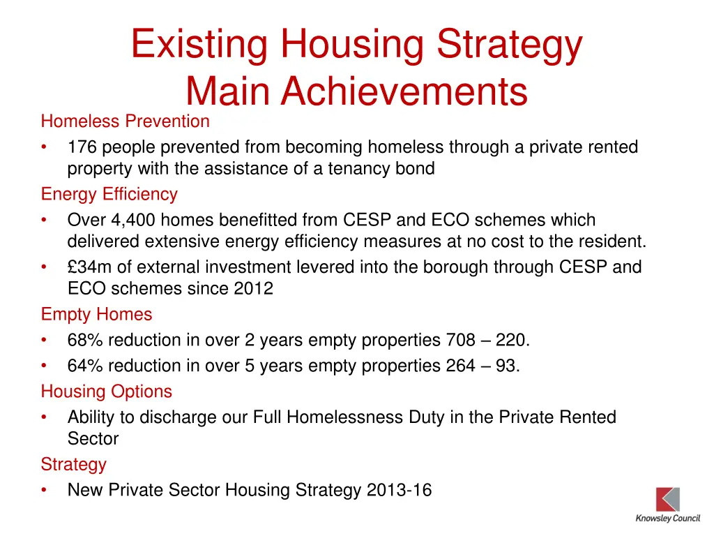 existing housing strategy main achievements 1