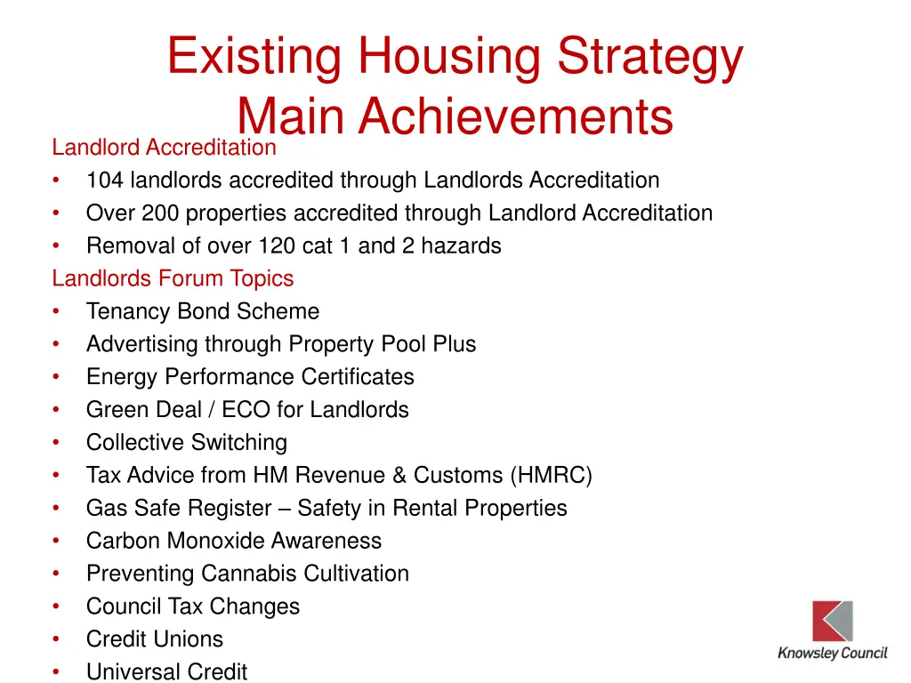 existing housing strategy main achievements