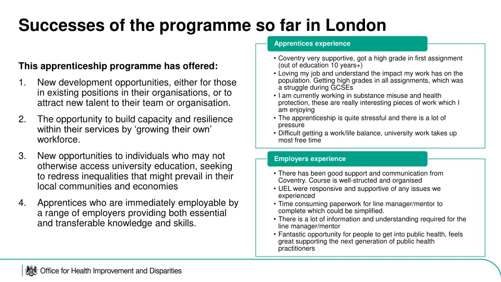 successes of the programme so far in london