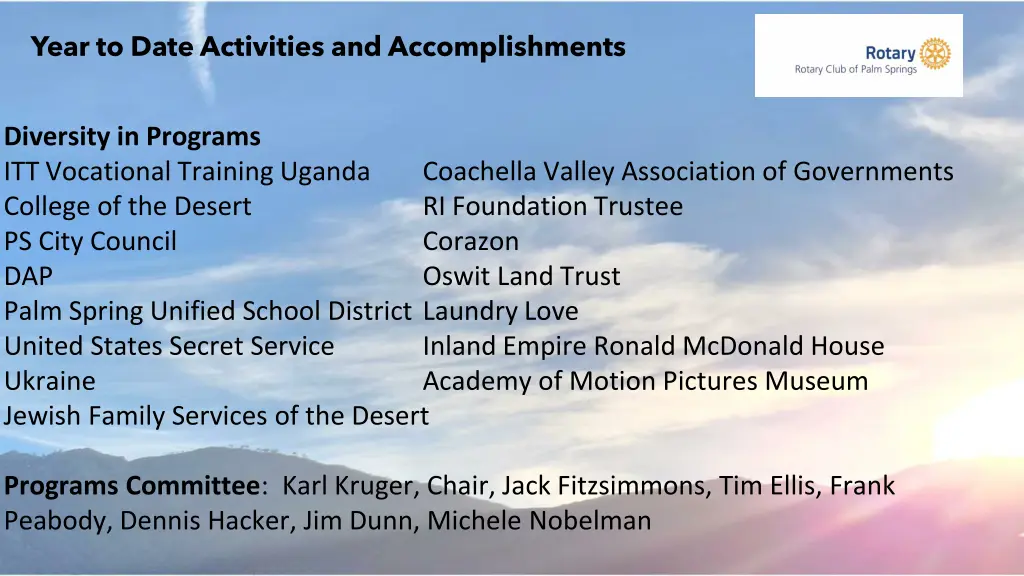 year to date activities and accomplishments