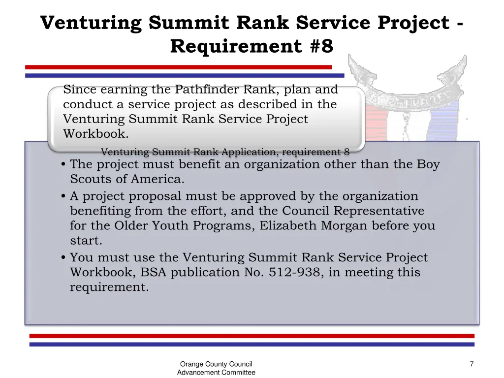 venturing summit rank service project requirement