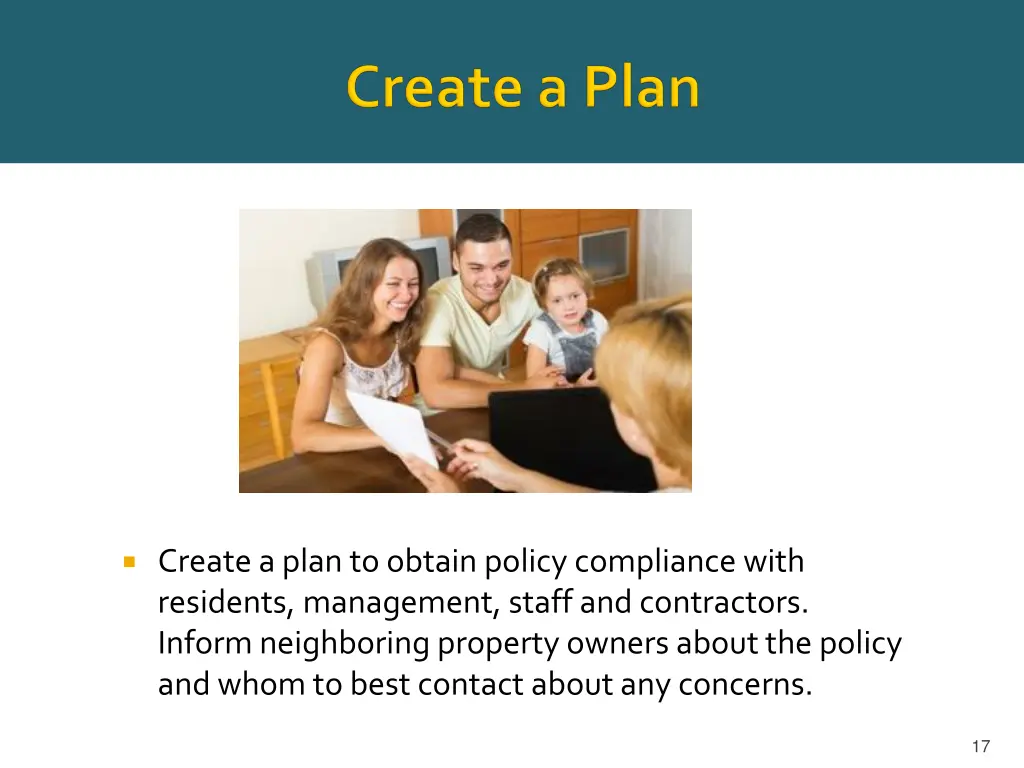 create a plan to obtain policy compliance with