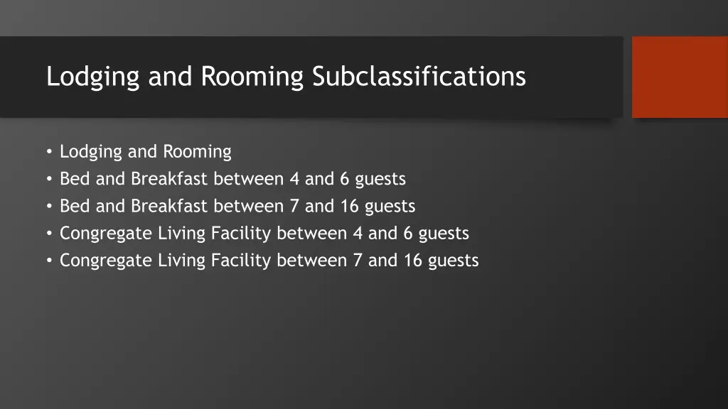 lodging and rooming subclassifications