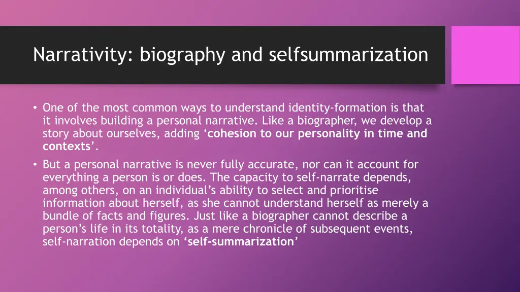 narrativity biography and selfsummarization