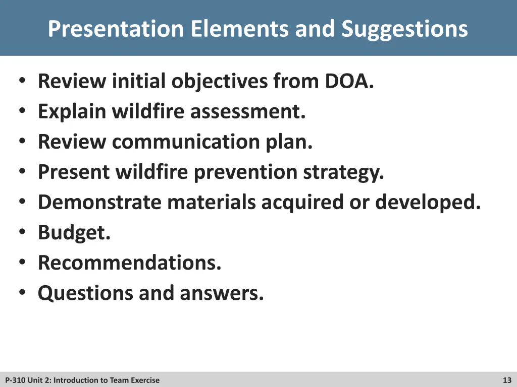 presentation elements and suggestions