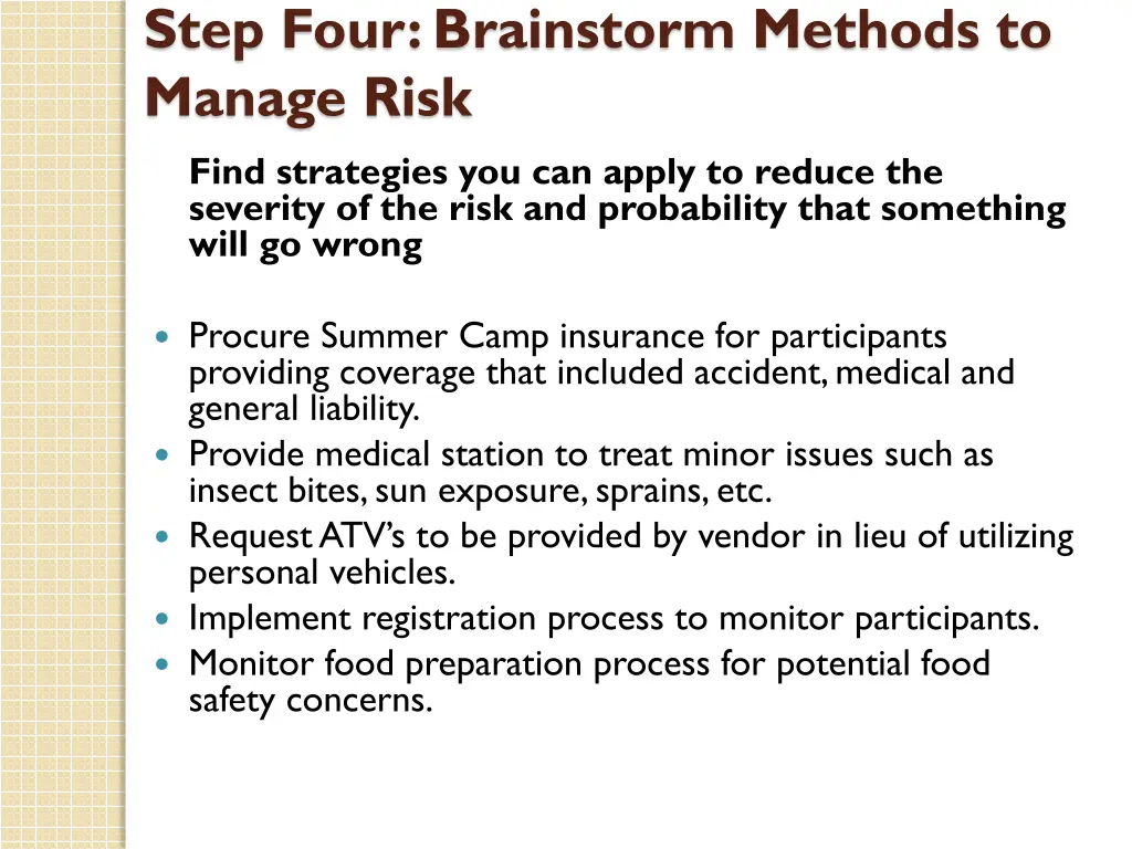 step four brainstorm methods to manage risk