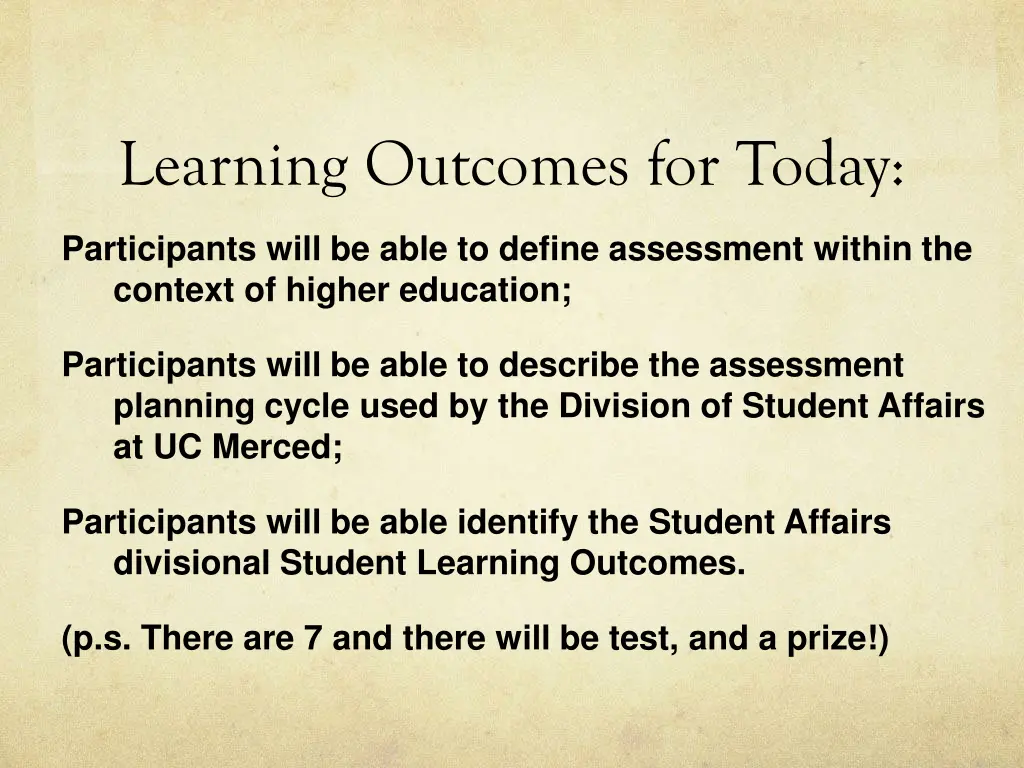 learning outcomes for today