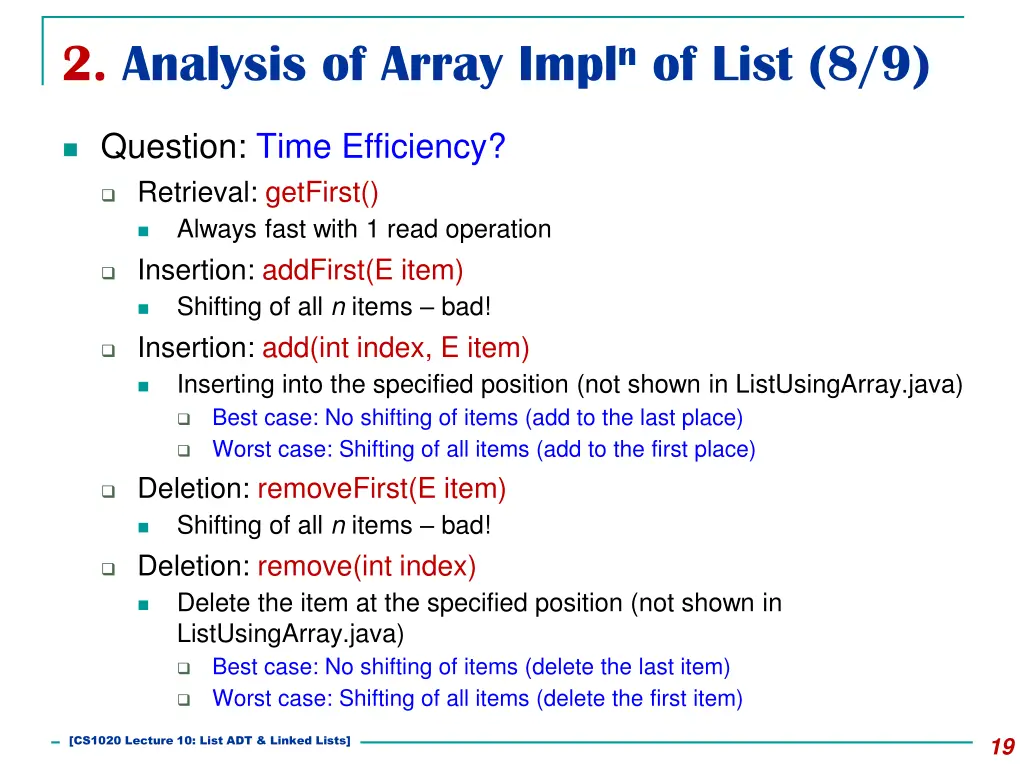 2 analysis of array impl n of list 8 9