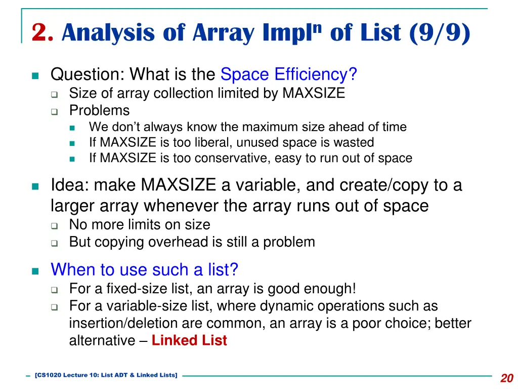 2 analysis of array impl n of list 9 9