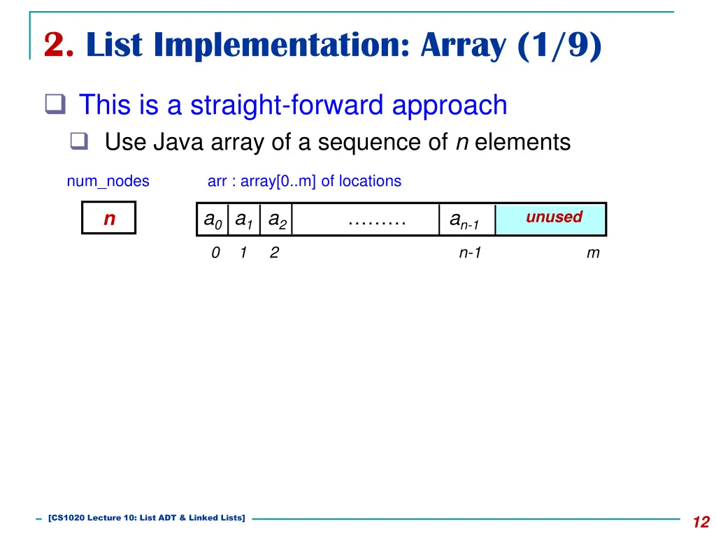 2 list implementation array 1 9