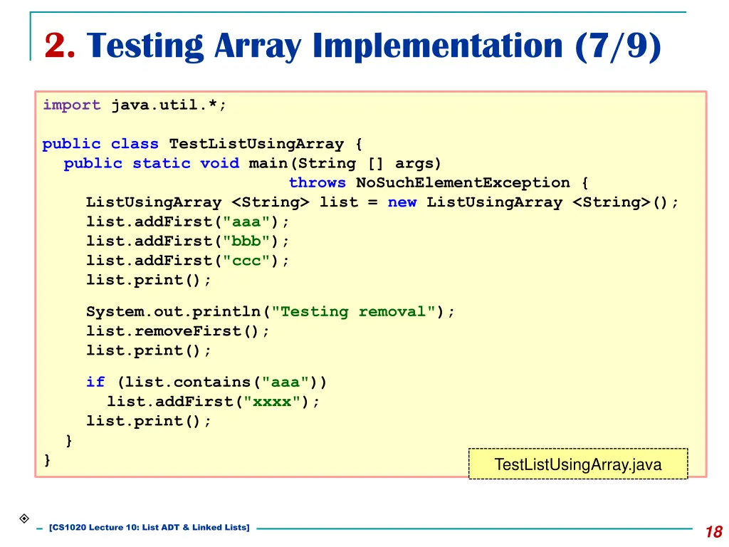 2 testing array implementation 7 9