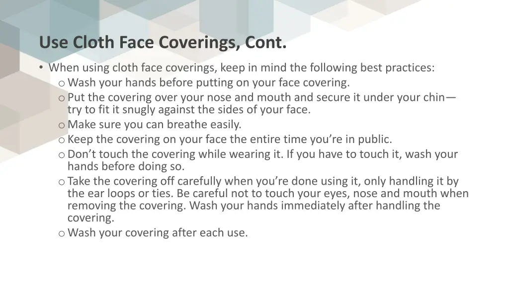 use cloth face coverings cont 1