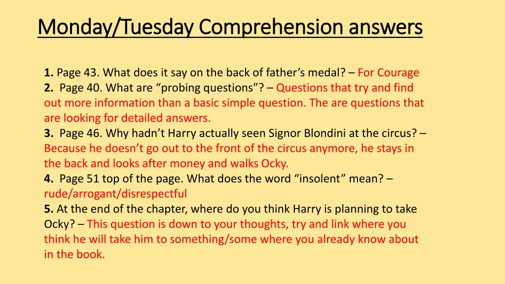 monday tuesday comprehension answers monday