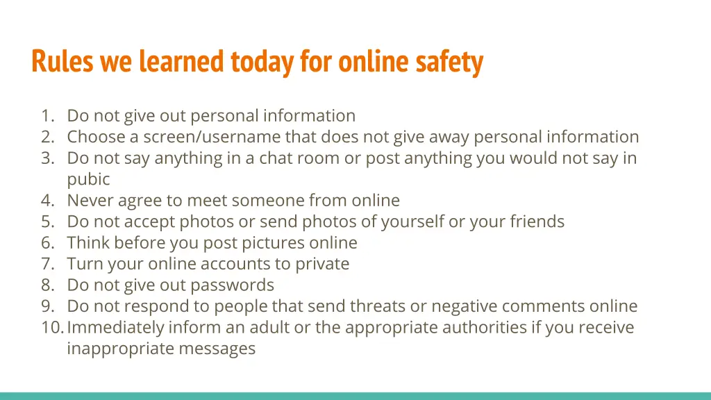 rules we learned today for online safety