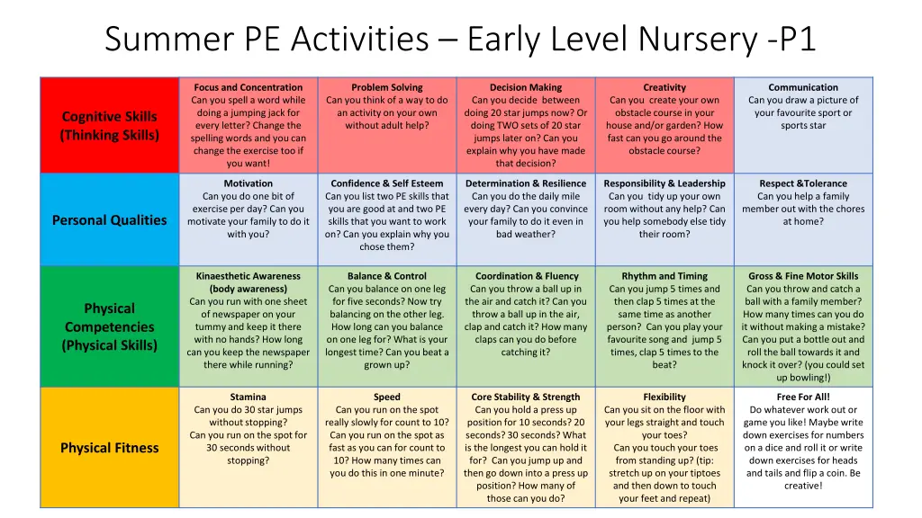 summer pe activities early level nursery p1