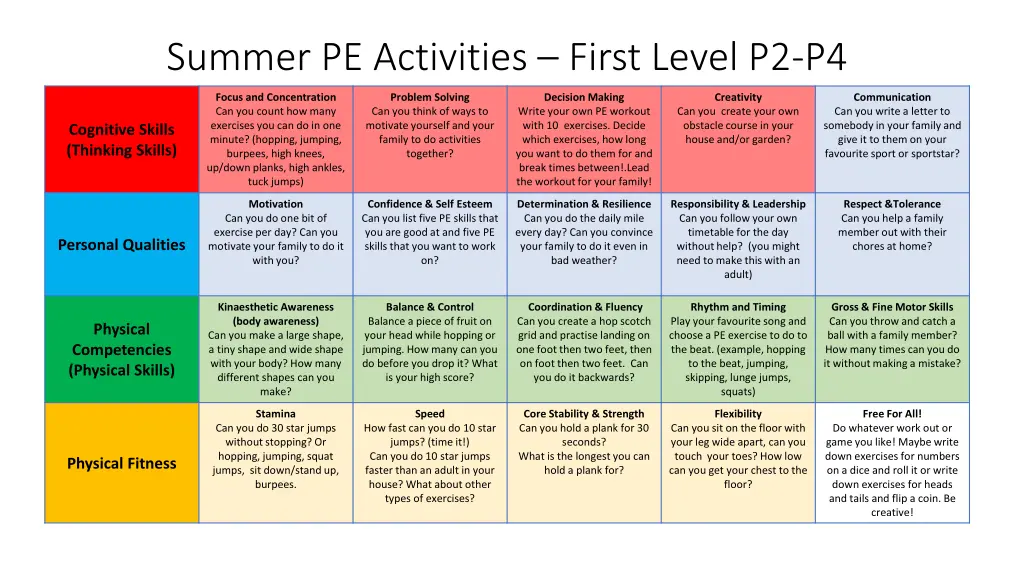 summer pe activities first level p2 p4